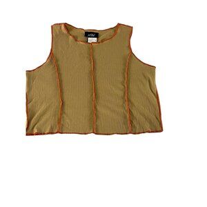 Just Polly Womens Ribbed Sleeveless Top Tan Orange Trim Exposed Seams Casual